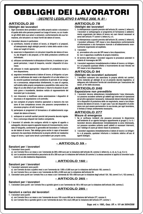 GLOBAL CARTELLO SEGNALETICO - OBBLIGHI DEI LAVORATORI - Adesivo Resistente, Pannello in Forex, Pannello In Alluminio