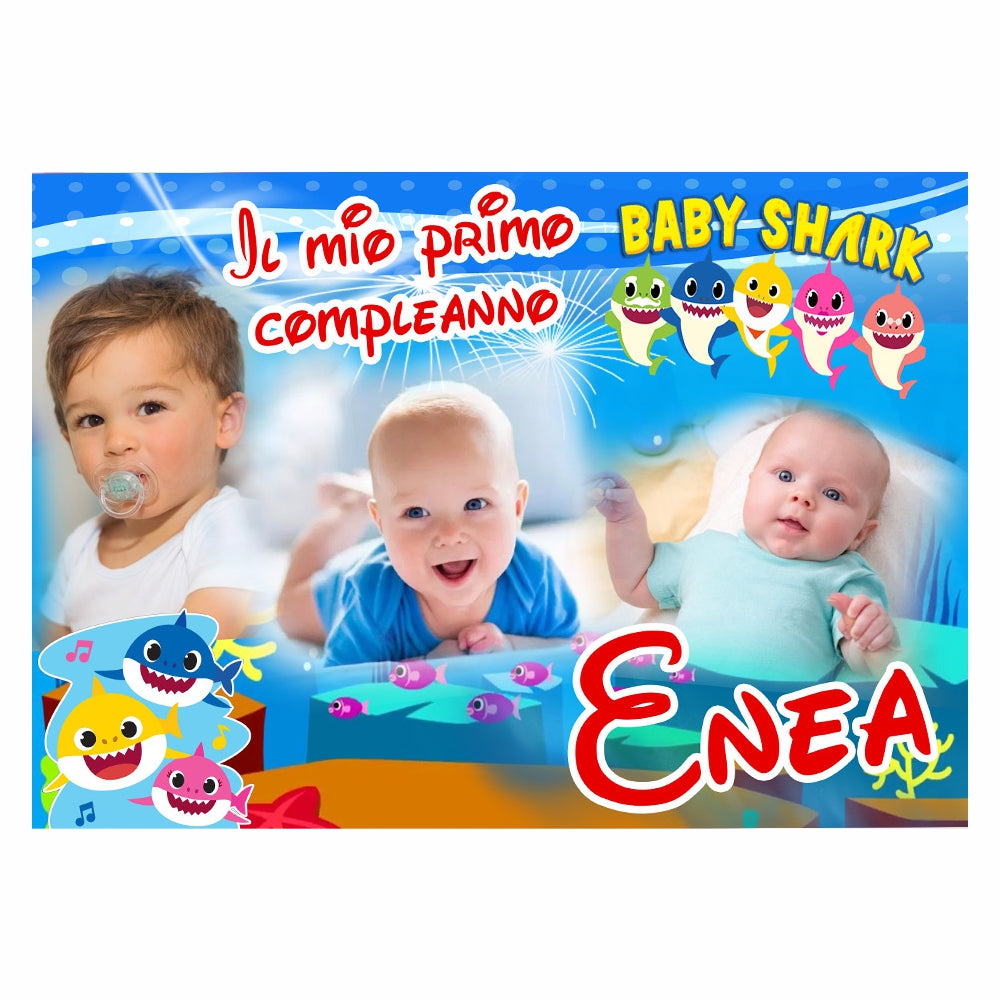 GLOBAL STRISCIONE FONDALE COMPLEANNO - Baby Shark mod 2 - STRISCIONE PERSONALIZZATO IN CARTA O IN BANNER PVC ANCHE DA ESTERNO GARANZIA 5 ANNI