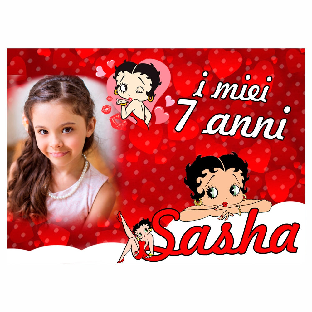 GLOBAL STRISCIONE FONDALE COMPLEANNO - Compleanno Betty Boop - STRISCIONE PERSONALIZZATO IN CARTA O IN BANNER PVC ANCHE DA ESTERNO GARANZIA 5 ANNI