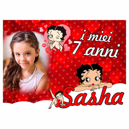 GLOBAL STRISCIONE FONDALE COMPLEANNO - Compleanno Betty Boop - STRISCIONE PERSONALIZZATO IN CARTA O IN BANNER PVC ANCHE DA ESTERNO GARANZIA 5 ANNI