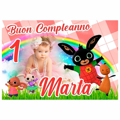 GLOBAL STRISCIONE FONDALE COMPLEANNO - Compleanno Bing mod 2 - STRISCIONE PERSONALIZZATO IN CARTA O IN BANNER PVC ANCHE DA ESTERNO GARANZIA 5 ANNI