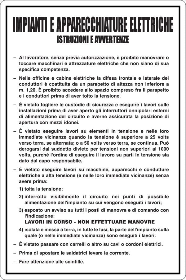 GLOBAL CARTELLO SEGNALETICO - IMPIANTI ED APPARECCHIATURE ELETTRICHE - ISTRUZIONI ED AVVERTENZE - Adesivo Resistente, Pannello in Forex, Pannello In Alluminio