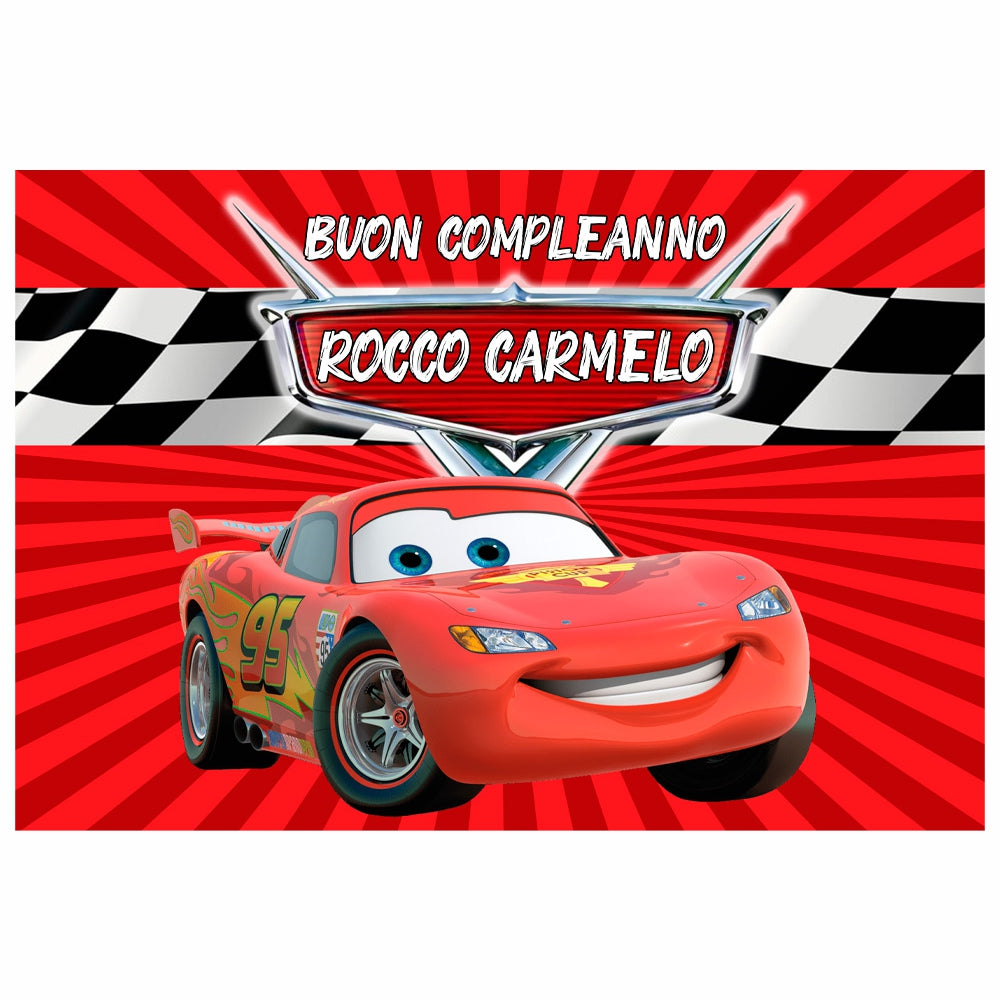 GLOBAL STRISCIONE FONDALE COMPLEANNO - Compleanno Cars mod 2 - STRISCIONE PERSONALIZZATO IN CARTA O IN BANNER PVC ANCHE DA ESTERNO GARANZIA 5 ANNI