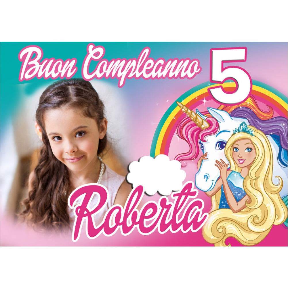 GLOBAL STRISCIONE FONDALE COMPLEANNO - Barbie Dreamtopia Unicorno - STRISCIONE PERSONALIZZATO IN CARTA O IN BANNER PVC ANCHE DA ESTERNO GARANZIA 5 ANNI