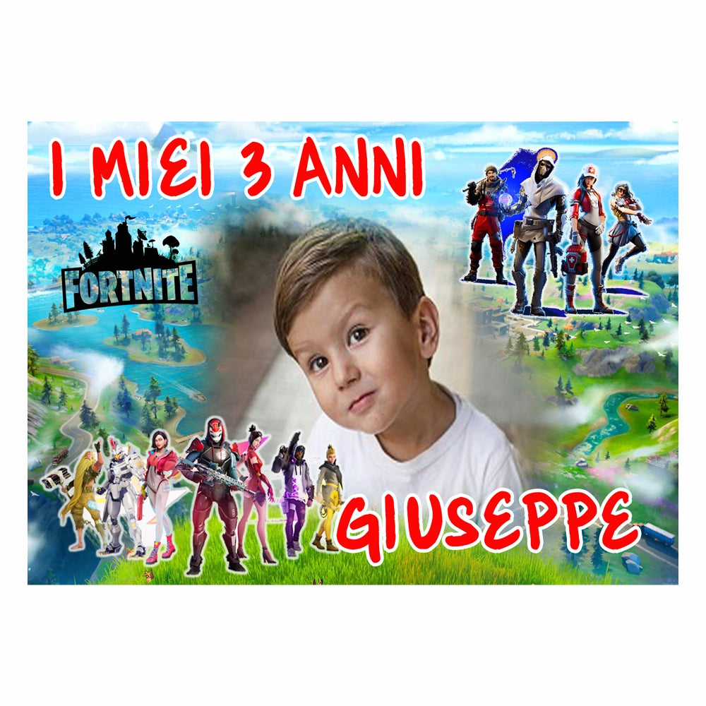 GLOBAL STRISCIONE FONDALE COMPLEANNO - Fortnite - STRISCIONE PERSONALIZZATO IN CARTA O IN BANNER PVC ANCHE DA ESTERNO GARANZIA 5 ANNI