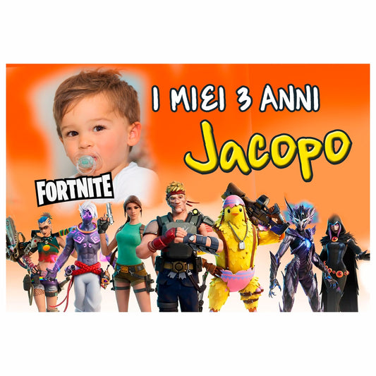 GLOBAL STRISCIONE FONDALE COMPLEANNO - Fortnite mod 2 - STRISCIONE PERSONALIZZATO IN CARTA O IN BANNER PVC ANCHE DA ESTERNO GARANZIA 5 ANNI