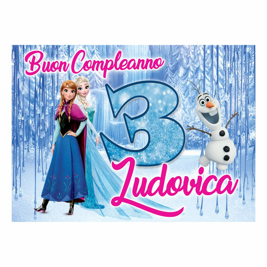 GLOBAL STRISCIONE FONDALE COMPLEANNO - Frozen mod 2 - STRISCIONE PERSONALIZZATO IN CARTA O IN BANNER PVC ANCHE DA ESTERNO GARANZIA 5 ANNI