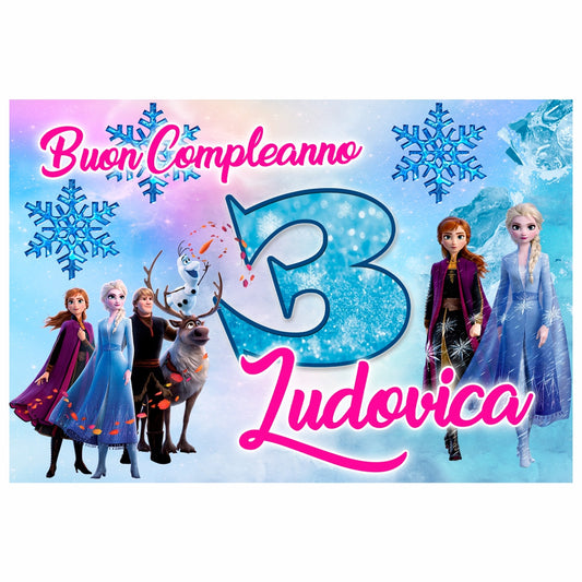 GLOBAL STRISCIONE FONDALE COMPLEANNO - Frozen mod 4 - STRISCIONE PERSONALIZZATO IN CARTA O IN BANNER PVC ANCHE DA ESTERNO GARANZIA 5 ANNI