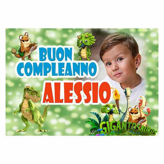 GLOBAL STRISCIONE FONDALE COMPLEANNO - Gigantosaurus - STRISCIONE PERSONALIZZATO IN CARTA O IN BANNER PVC ANCHE DA ESTERNO GARANZIA 5 ANNI