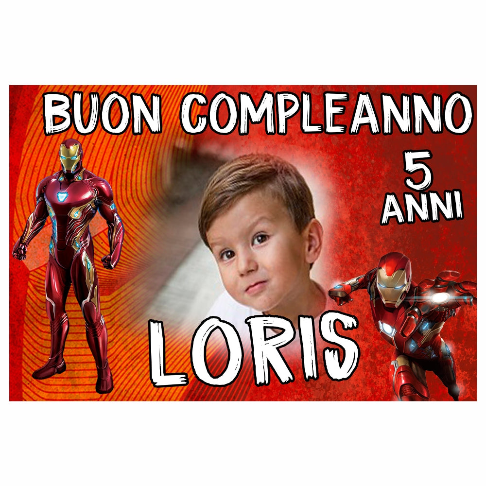 GLOBAL STRISCIONE FONDALE COMPLEANNO - Iron Man - STRISCIONE PERSONALIZZATO IN CARTA O IN BANNER PVC ANCHE DA ESTERNO GARANZIA 5 ANNI