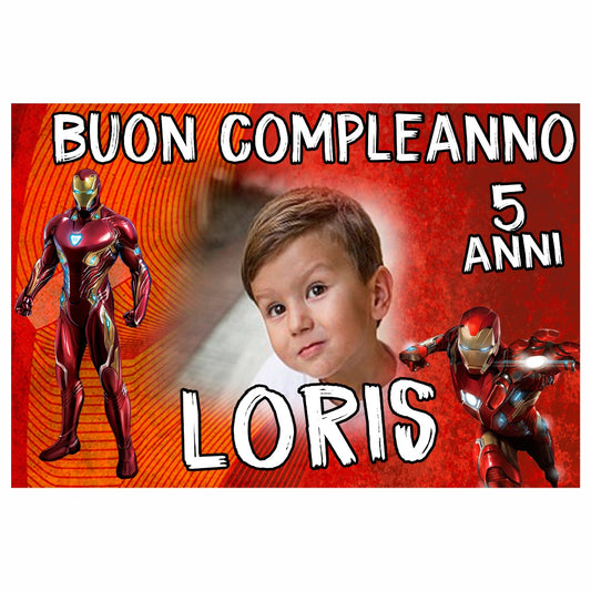 GLOBAL STRISCIONE FONDALE COMPLEANNO - Iron Man - STRISCIONE PERSONALIZZATO IN CARTA O IN BANNER PVC ANCHE DA ESTERNO GARANZIA 5 ANNI