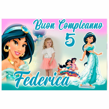 GLOBAL STRISCIONE FONDALE COMPLEANNO - Jasmine Aladdin - STRISCIONE PERSONALIZZATO IN CARTA O IN BANNER PVC ANCHE DA ESTERNO GARANZIA 5 ANNI