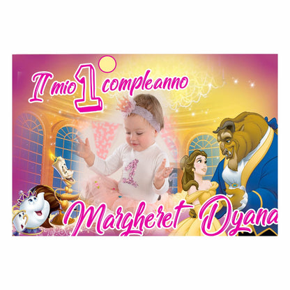 GLOBAL STRISCIONE FONDALE COMPLEANNO - La Bella e La Bestia - STRISCIONE PERSONALIZZATO IN CARTA O IN BANNER PVC ANCHE DA ESTERNO GARANZIA 5 ANNI