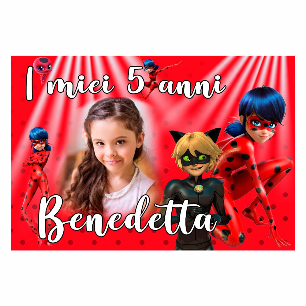 GLOBAL STRISCIONE FONDALE COMPLEANNO - Ladybug - STRISCIONE PERSONALIZZATO IN CARTA O IN BANNER PVC ANCHE DA ESTERNO GARANZIA 5 ANNI