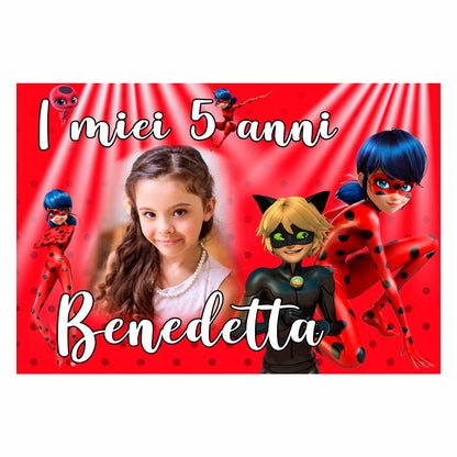 GLOBAL STRISCIONE FONDALE COMPLEANNO - Ladybug - STRISCIONE PERSONALIZZATO IN CARTA O IN BANNER PVC ANCHE DA ESTERNO GARANZIA 5 ANNI