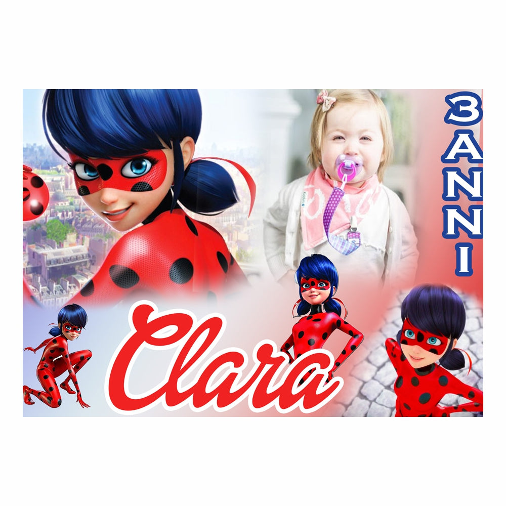 GLOBAL STRISCIONE FONDALE COMPLEANNO - Ladybug mod 3 - STRISCIONE PERSONALIZZATO IN CARTA O IN BANNER PVC ANCHE DA ESTERNO GARANZIA 5 ANNI