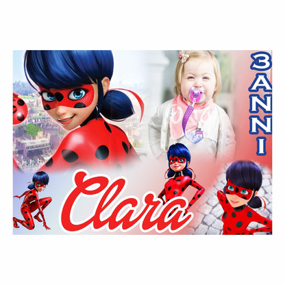 GLOBAL STRISCIONE FONDALE COMPLEANNO - Ladybug mod 3 - STRISCIONE PERSONALIZZATO IN CARTA O IN BANNER PVC ANCHE DA ESTERNO GARANZIA 5 ANNI