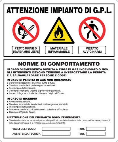 GLOBAL CARTELLO SEGNALETICO - IMPIANTO GPL - NORME DI COMPORTAMENTO - Adesivo Resistente, Pannello in Forex, Pannello In Alluminio