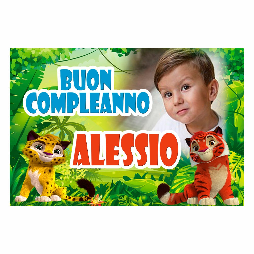 GLOBAL STRISCIONE FONDALE COMPLEANNO - Leo e Tig - STRISCIONE PERSONALIZZATO IN CARTA O IN BANNER PVC ANCHE DA ESTERNO GARANZIA 5 ANNI