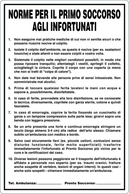 GLOBAL CARTELLO SEGNALETICO - NORME DI PRIMO SOCCORSO AGLI INFORTUNATI - Adesivo Resistente, Pannello in Forex, Pannello In Alluminio