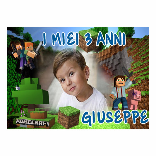 GLOBAL STRISCIONE FONDALE COMPLEANNO - Minecraft - STRISCIONE PERSONALIZZATO IN CARTA O IN BANNER PVC ANCHE DA ESTERNO GARANZIA 5 ANNI