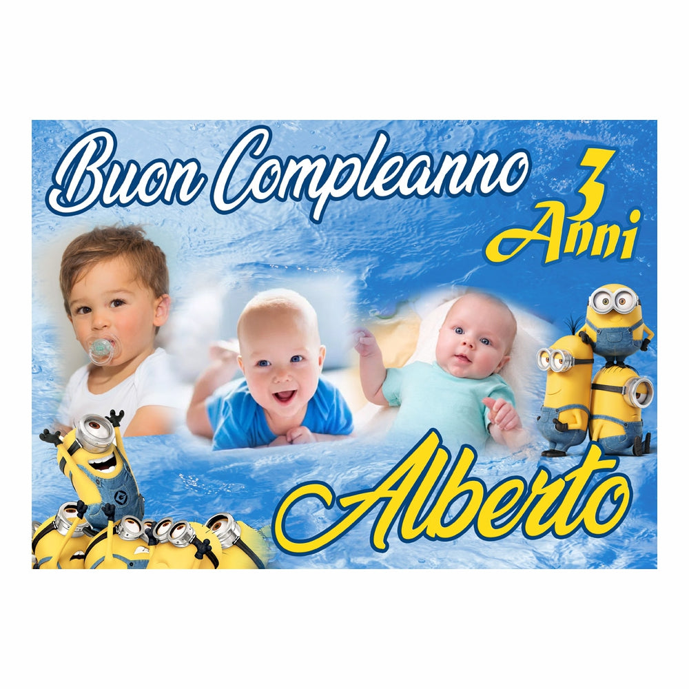 GLOBAL STRISCIONE FONDALE COMPLEANNO - Minions - STRISCIONE PERSONALIZZATO IN CARTA O IN BANNER PVC ANCHE DA ESTERNO GARANZIA 5 ANNI