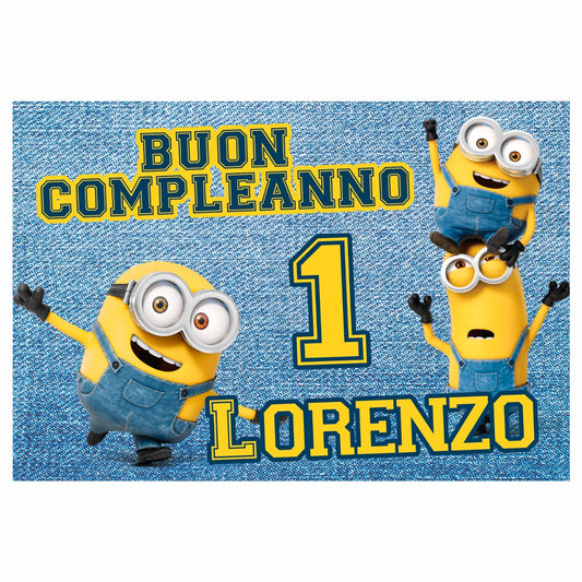 GLOBAL STRISCIONE FONDALE COMPLEANNO - Minions mod 2 - STRISCIONE PERSONALIZZATO IN CARTA O IN BANNER PVC ANCHE DA ESTERNO GARANZIA 5 ANNI