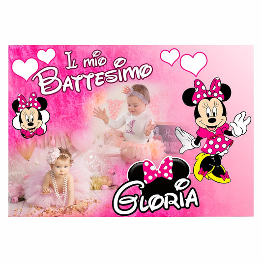 GLOBAL STRISCIONE FONDALE BATTESIMO - Minnie Rosa - STRISCIONE PERSONALIZZATO IN CARTA O IN BANNER PVC ANCHE DA ESTERNO GARANZIA 5 ANNI