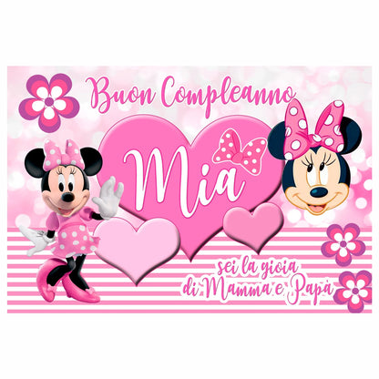 GLOBAL STRISCIONE FONDALE COMPLEANNO - Minnie Topolina mod 2 - STRISCIONE PERSONALIZZATO IN CARTA O IN BANNER PVC ANCHE DA ESTERNO GARANZIA 5 ANNI