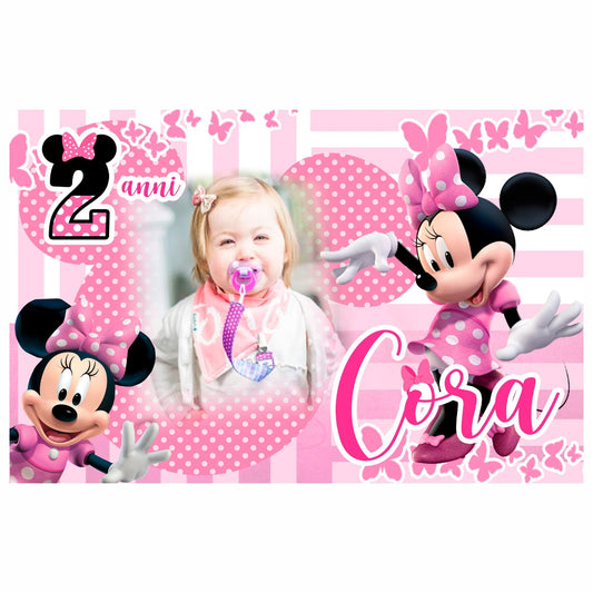 GLOBAL STRISCIONE FONDALE COMPLEANNO - Minnie Topolina mod 3 - STRISCIONE PERSONALIZZATO IN CARTA O IN BANNER PVC ANCHE DA ESTERNO GARANZIA 5 ANNI