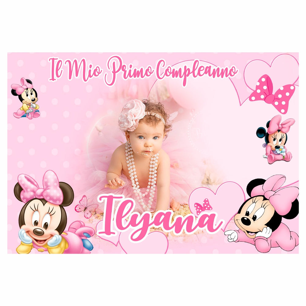 GLOBAL STRISCIONE FONDALE COMPLEANNO - Minnie Topolina Baby - STRISCIONE PERSONALIZZATO IN CARTA O IN BANNER PVC ANCHE DA ESTERNO GARANZIA 5 ANNI