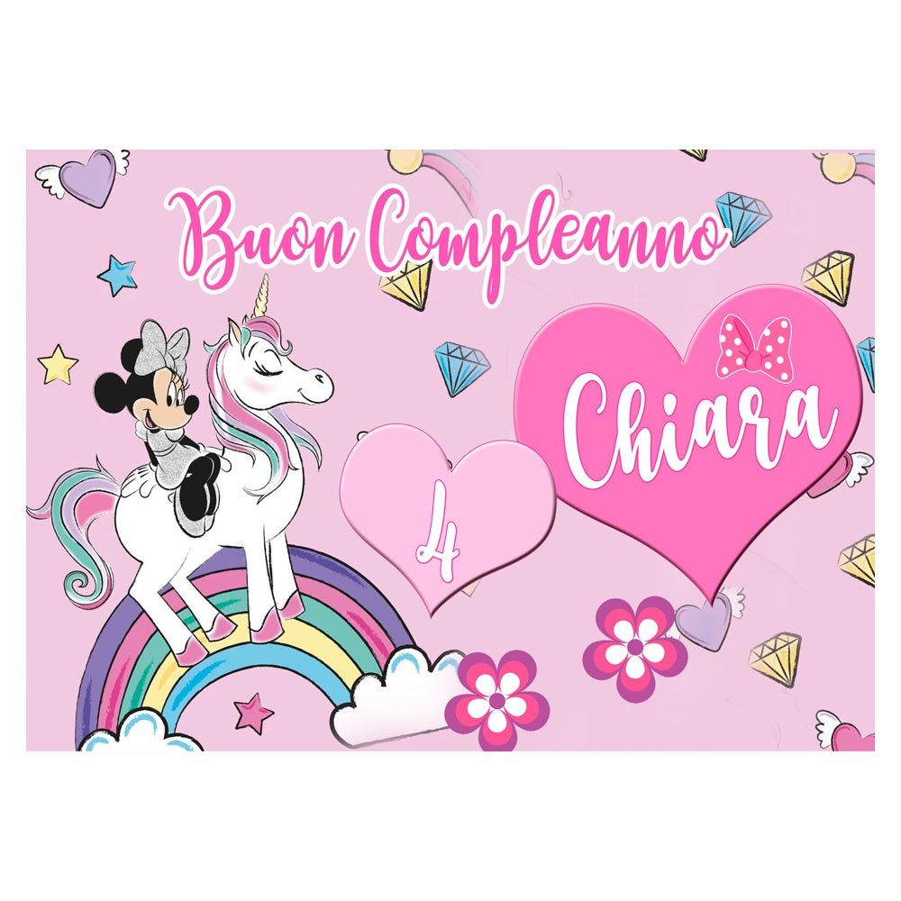 GLOBAL STRISCIONE FONDALE COMPLEANNO - Minnie Topolina Unicorno - STRISCIONE PERSONALIZZATO IN CARTA O IN BANNER PVC ANCHE DA ESTERNO GARANZIA 5 ANNI