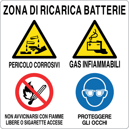 ZONA DI RICARICA BATTERIE - CARTELLO SEGNALETICO QUADRATO ISO 7010 - Adesivo Extra Resistente, Pannello in Forex, Pannello In Alluminio