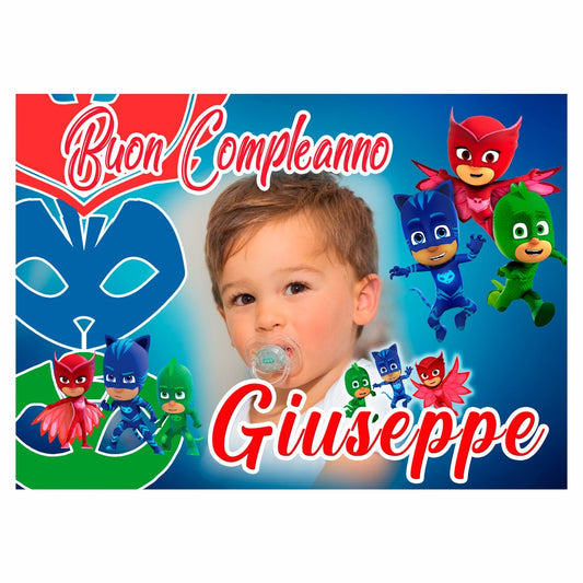 GLOBAL STRISCIONE FONDALE COMPLEANNO - Pj Mask Super Pigiamini - STRISCIONE PERSONALIZZATO IN CARTA O IN BANNER PVC ANCHE DA ESTERNO GARANZIA 5 ANNI