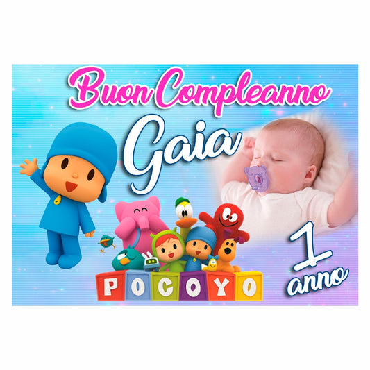 GLOBAL STRISCIONE FONDALE COMPLEANNO - Pocoyo - STRISCIONE PERSONALIZZATO IN CARTA O IN BANNER PVC ANCHE DA ESTERNO GARANZIA 5 ANNI