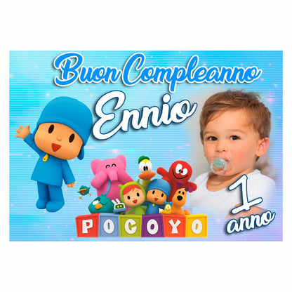 GLOBAL STRISCIONE FONDALE COMPLEANNO - Pocoyo mod 2 - STRISCIONE PERSONALIZZATO IN CARTA O IN BANNER PVC ANCHE DA ESTERNO GARANZIA 5 ANNI