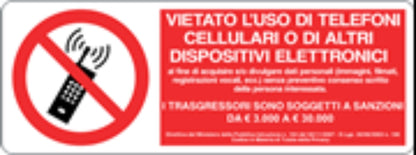 VIETATO L'USO DI TELEFONI CELLULARI O DI ALTRI DISPOSITIVI ELETTRONICI - CARTELLO SEGNALETICO UNI ISO 7010 in Adesivo, Pannello in Forex, Pannello In Alluminio