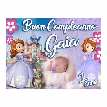 GLOBAL STRISCIONE FONDALE COMPLEANNO - Principessa Sofia - STRISCIONE PERSONALIZZATO IN CARTA O IN BANNER PVC ANCHE DA ESTERNO GARANZIA 5 ANNI