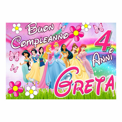 GLOBAL STRISCIONE FONDALE COMPLEANNO - Principesse Disney - STRISCIONE PERSONALIZZATO IN CARTA O IN BANNER PVC ANCHE DA ESTERNO GARANZIA 5 ANNI