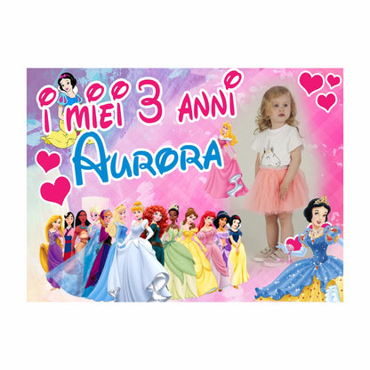 GLOBAL STRISCIONE FONDALE COMPLEANNO - Principesse Disney mod 2 - STRISCIONE PERSONALIZZATO IN CARTA O IN BANNER PVC ANCHE DA ESTERNO GARANZIA 5 ANNI