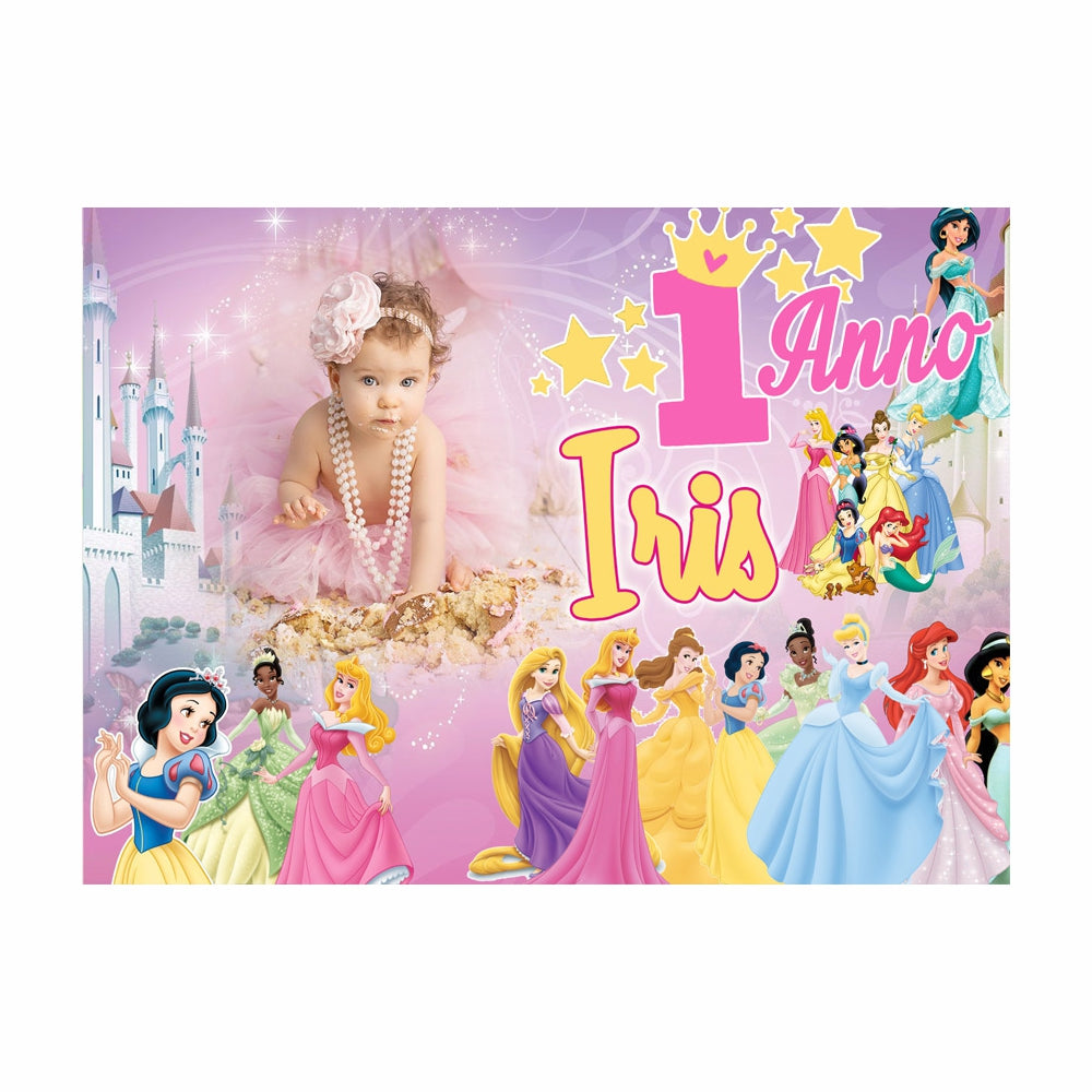 GLOBAL STRISCIONE FONDALE COMPLEANNO - Principesse Disney mod 3 - STRISCIONE PERSONALIZZATO IN CARTA O IN BANNER PVC ANCHE DA ESTERNO GARANZIA 5 ANNI