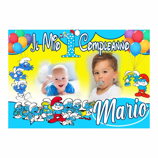 GLOBAL STRISCIONE FONDALE COMPLEANNO - Puffi - STRISCIONE PERSONALIZZATO IN CARTA O IN BANNER PVC ANCHE DA ESTERNO GARANZIA 5 ANNI