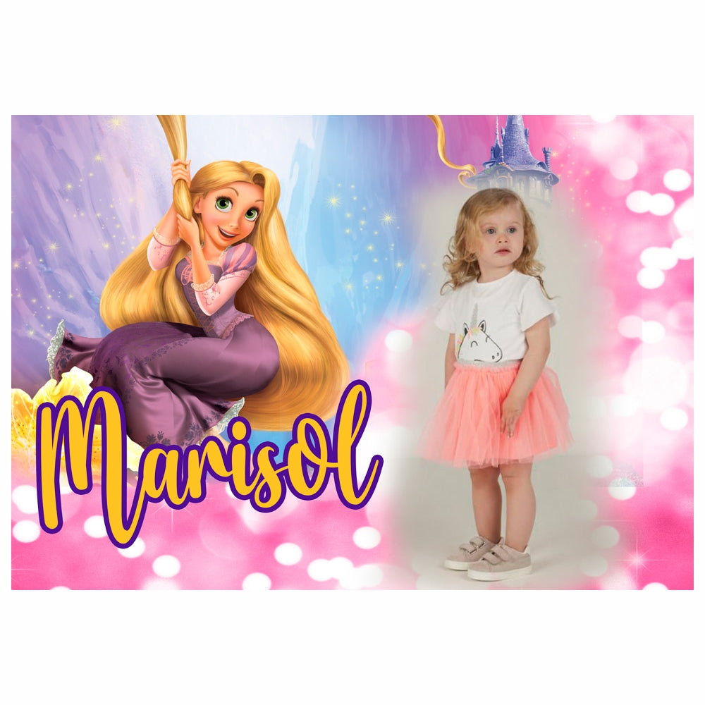 GLOBAL STRISCIONE FONDALE COMPLEANNO - Rapunzel - STRISCIONE PERSONALIZZATO IN CARTA O IN BANNER PVC ANCHE DA ESTERNO GARANZIA 5 ANNI