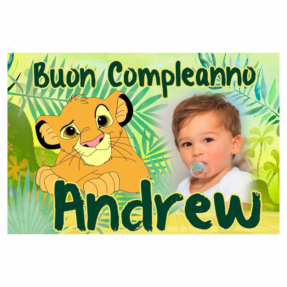 GLOBAL STRISCIONE FONDALE COMPLEANNO - Re Leone Simba - STRISCIONE PERSONALIZZATO IN CARTA O IN BANNER PVC ANCHE DA ESTERNO GARANZIA 5 ANNI