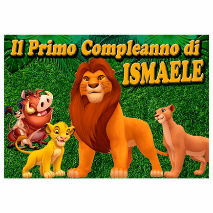 GLOBAL STRISCIONE FONDALE COMPLEANNO - Re Leone Simba mod 2 - STRISCIONE PERSONALIZZATO IN CARTA O IN BANNER PVC ANCHE DA ESTERNO GARANZIA 5 ANNI