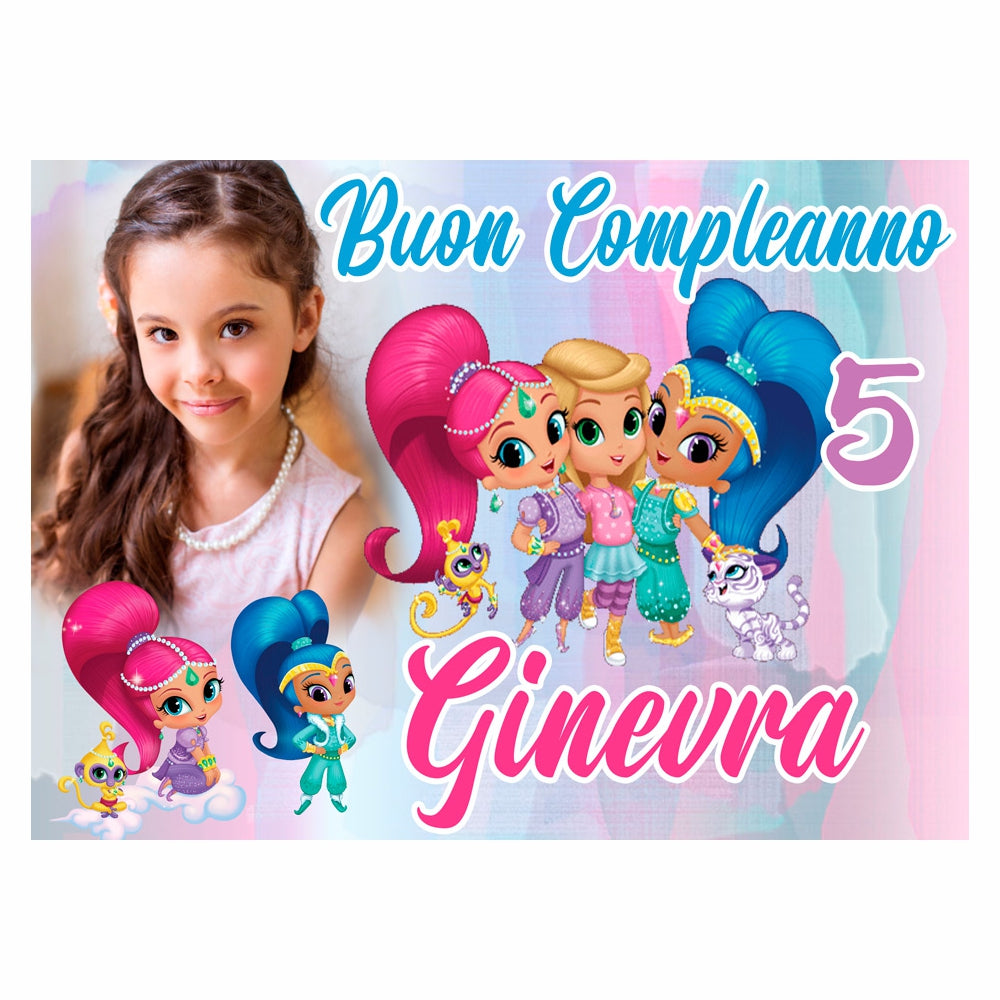 GLOBAL STRISCIONE FONDALE COMPLEANNO - Shimmer and Shine - STRISCIONE PERSONALIZZATO IN CARTA O IN BANNER PVC ANCHE DA ESTERNO GARANZIA 5 ANNI