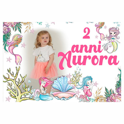 GLOBAL STRISCIONE FONDALE COMPLEANNO - Sirena - STRISCIONE PERSONALIZZATO IN CARTA O IN BANNER PVC ANCHE DA ESTERNO GARANZIA 5 ANNI