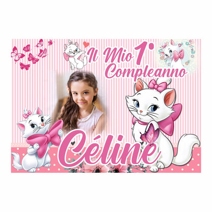 GLOBAL STRISCIONE FONDALE COMPLEANNO - Aristogatti Minou - STRISCIONE PERSONALIZZATO IN CARTA O IN BANNER PVC ANCHE DA ESTERNO GARANZIA 5 ANNI