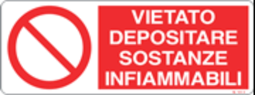 VIETATO DEPOSITARE SOSTANZE INFIAMMABILI - CARTELLO SEGNALETICO UNI ISO 7010 in Adesivo, Pannello in Forex, Pannello In Alluminio