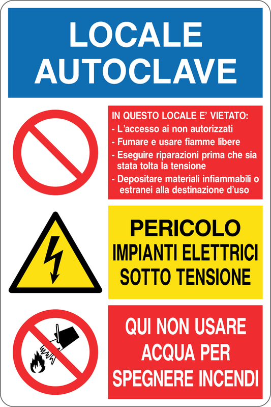 GLOBAL CARTELLO SEGNALETICO - LOCALE AUTOCLAVE DIVIETI/PERICOLI - Adesivo Resistente, Pannello in Forex, Pannello In Alluminio